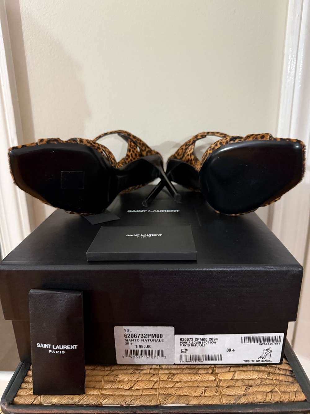 New Saint Laurent Tribute Leopard Print T-Strap Sandals - Pony Fur Brown - Picture 4 of 7